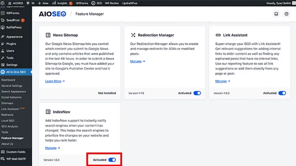 aioseo feature manager indexnow