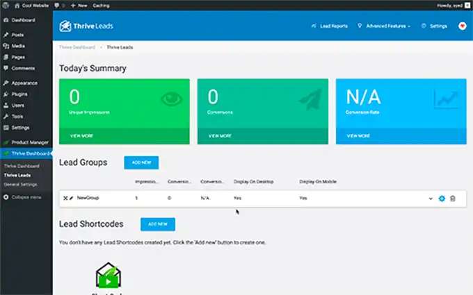 thriveleads wp dashboard