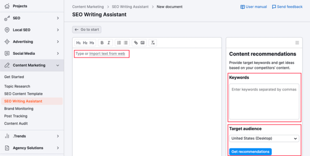 writing assistant semrush website interface